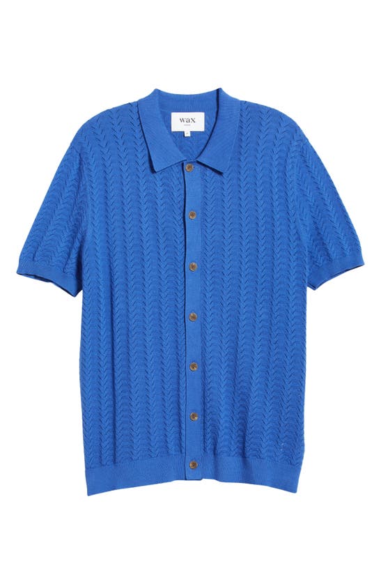 Shop Wax London Tellaro Pointelle Short Sleeve Button-up Sweater In Royal Blue