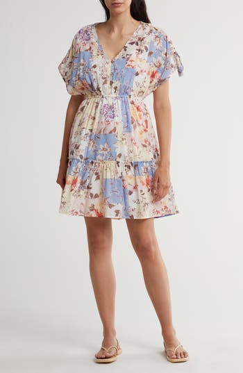 Shop Lovestitch Mixed Floral Cotton Babydoll Dress In Natural/rust