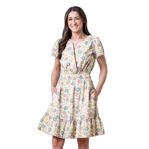 Hope & Henry Organic Short Sleeve Split Neck Tiered Dress In Provence Woodblock Floral