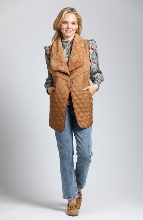 Apny Mixed Media Quilted Vest In Cognac