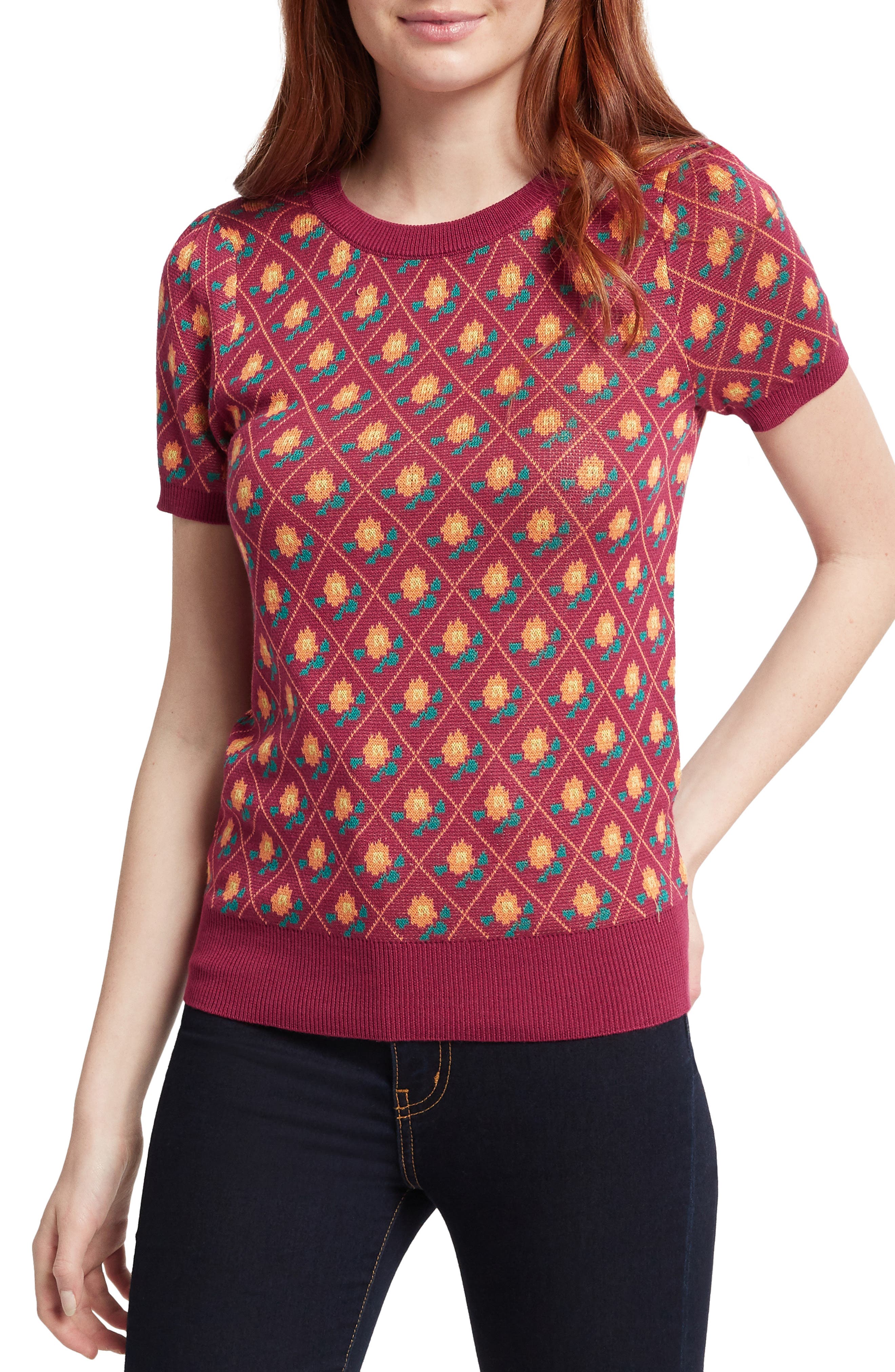 Plus Size Modcloth Vintage Print Short Sleeve Cotton Blend Sweater, Burgundy