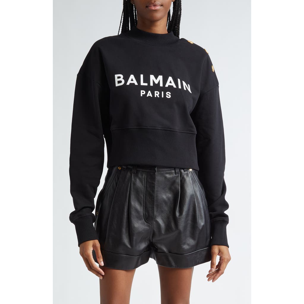 Balmain Logo Cotton Crop Sweatshirt In Black