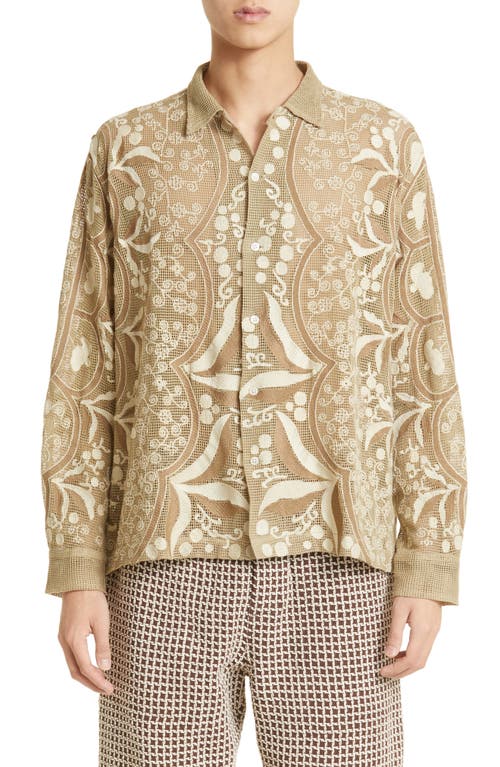 Bode Filet Filigree Embroidered Mesh Button-Up Shirt in Ecru Multi at Nordstrom, Size Small