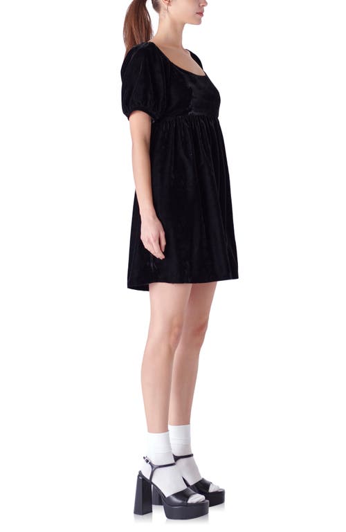 Shop English Factory Puff Sleeve Velvet Babydoll Dress In Black