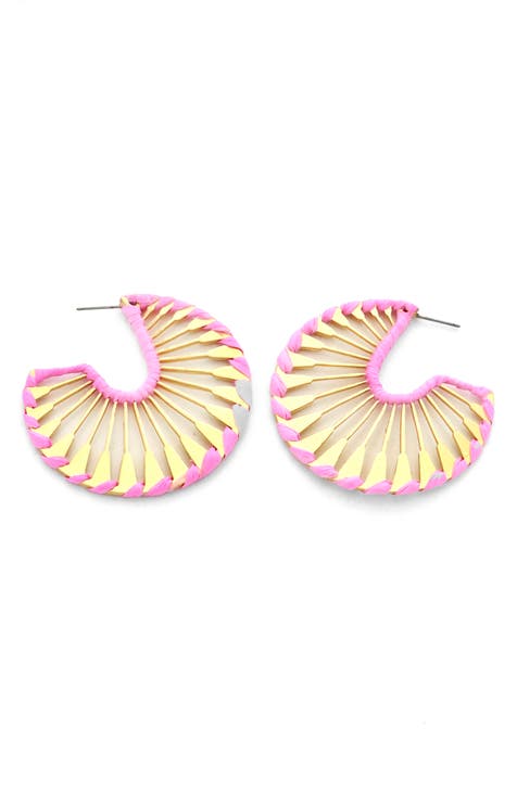 Pink Raffia Wrapped Fan Hoop Earrings