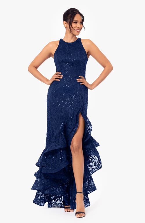 Betsy & Adam Women's Sequined Lace Ruffle-hem Gown In Navy