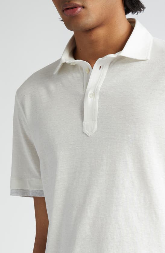 Shop Brunello Cucinelli Contrast Trim Linen & Cotton Polo In Off White/ Perla