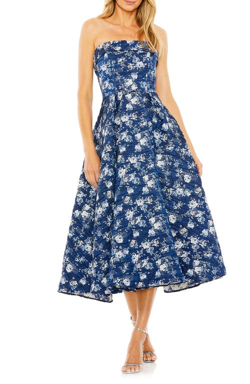 Mac Duggal Floral Strapless Brocade Midi Cocktail Dress Blue Multi at Nordstrom,