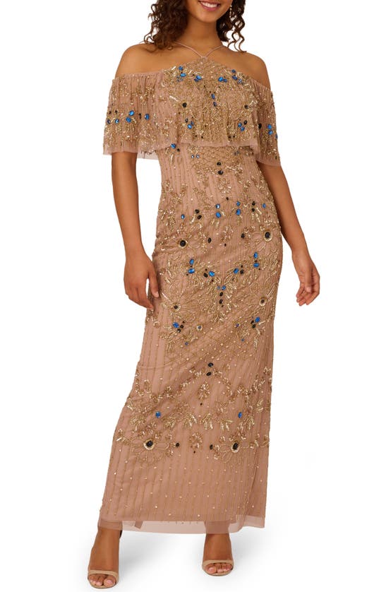 Shop Adrianna Papell Beaded Cold Shoulder Gown In Rose Gold
