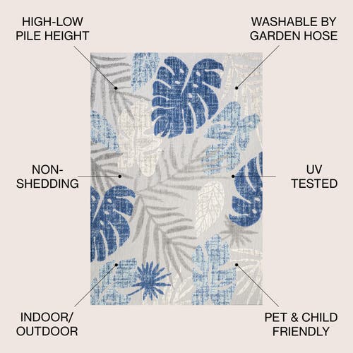Jonathan Y Monstera Tropical Leaf High-low Indoor/outdoor Area Rug In Light Gray/navy