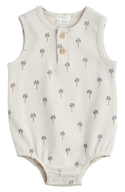 FIRSTS by Petit Lem Palm Tree Print Rib Henley Romper Beige at Nordstrom,