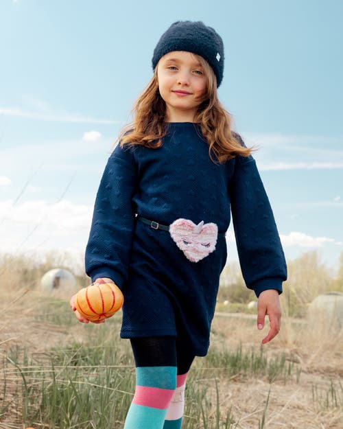 Shop Deux Par Deux Little Girl's Quilted Heart Fleece Dress With Belt Navy In Peacoat