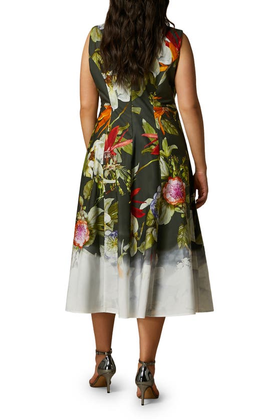 Shop Marina Rinaldi Trento Placed Floral Sleeveless Cotton Poplin Dress In Black/ Kaki Big Flower