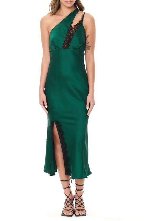 Lace Trim One-Shoulder Satin Cocktail Dress in Emerald