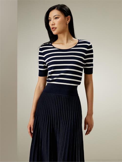 Lilysilk Silk Striped Cropped Knit Top In Navy Blue And White Stripes