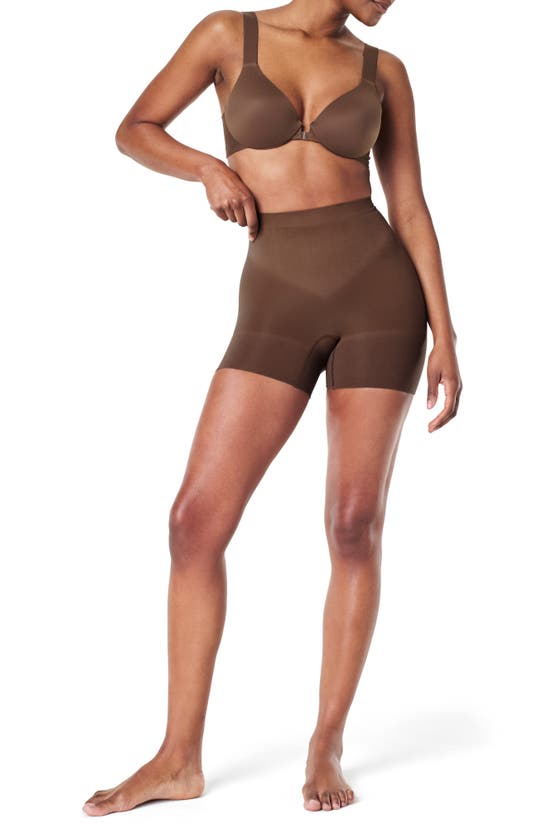 Shop Spanx Shorty Seamless Shaper Shorts In Chestnut Brown