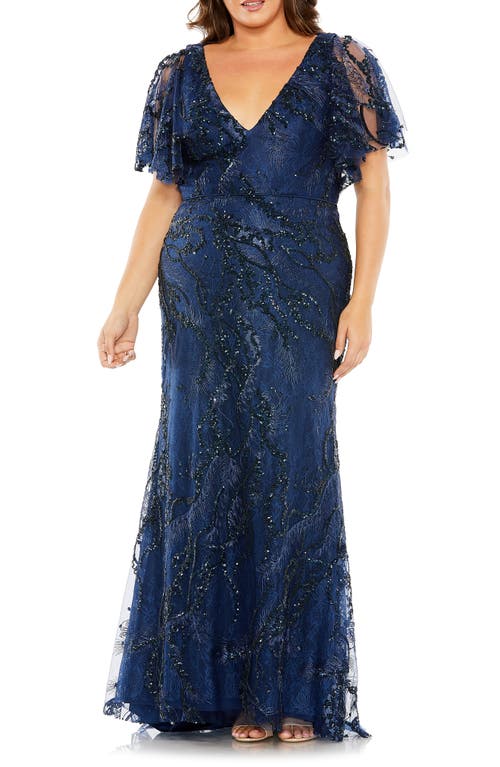 Embellished Flutter Sleeve Gown in Midnight