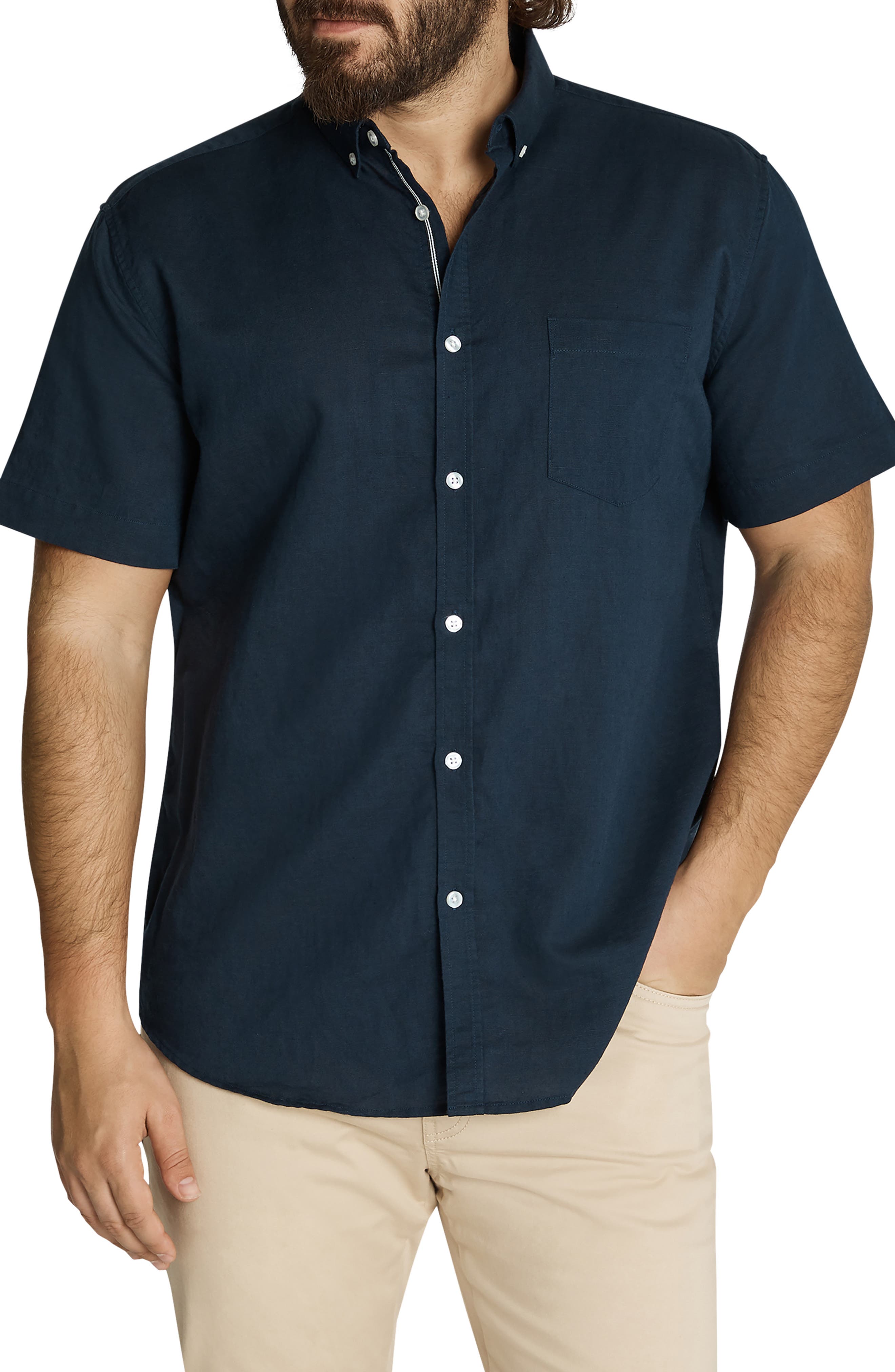 Johnny Bigg Fresno Short Sleeve Linen Blend Button-Down Shirt in Navy