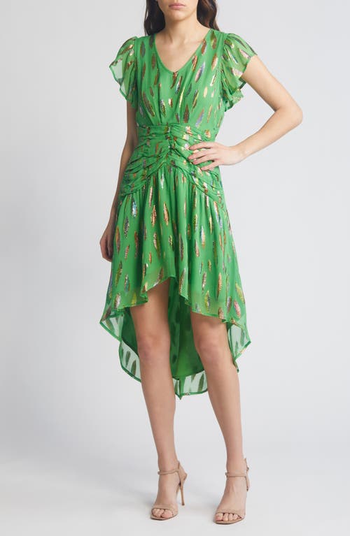 CIEBON Palmina Metallic Leaf Print High-Low Dress in Green | Smart Closet