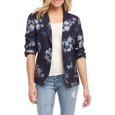 Karen Kane Floral Jacquard Ruched Sleeve Jacket, Blue