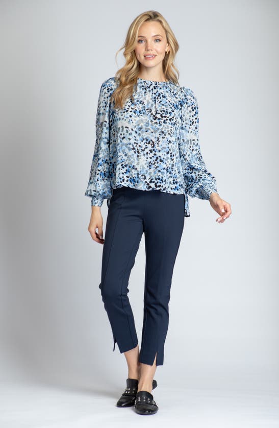 Apny Leopard Print Gathered Neck Chiffon Top In Blue Multi