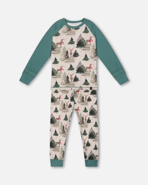 Shop Deux Par Deux Little Boy's Organic Cotton Two Piece Pajama Set Gray Mix And Green Printed Reindeer In Printed Christmas Deer