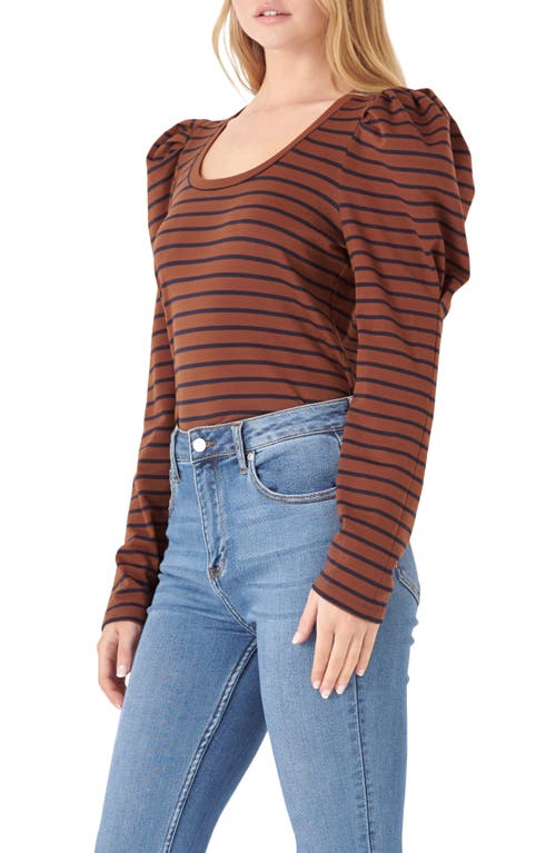 Shop English Factory Stripe Puff Sleeve Knit Top In Brown/navy