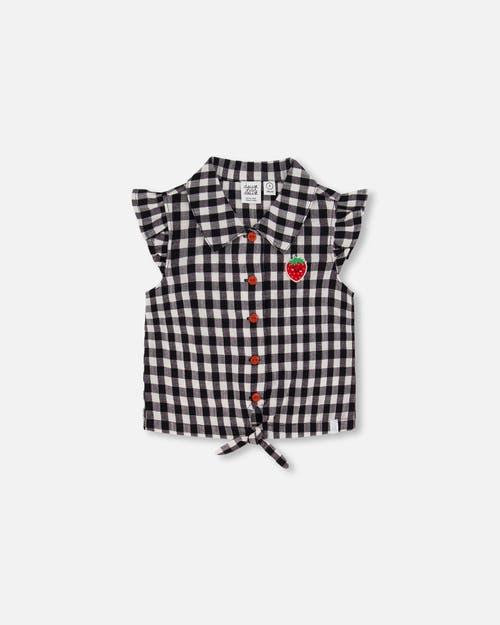 Deux Par Deux Little Girl's Blouse With Knot Little Vichy Black And White at Nordstrom, Size 5