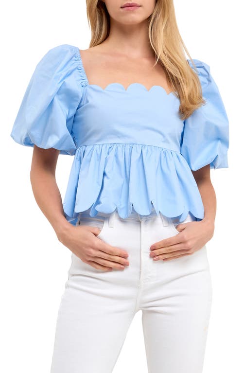 Scallop Detail Puff Sleeve Top in Powder Blue