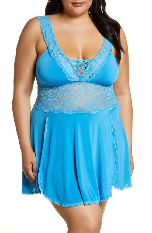 Coquette Lace Detail Babydoll Chemise & Thong in Blue