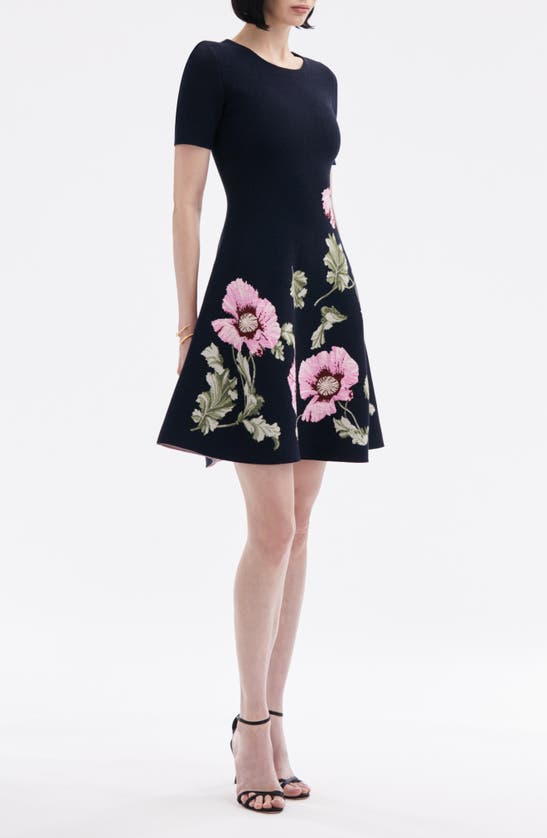 Shop Oscar De La Renta Poppies Jacquard Sleeveless Fit & Flare Dress In Navy/ Pink