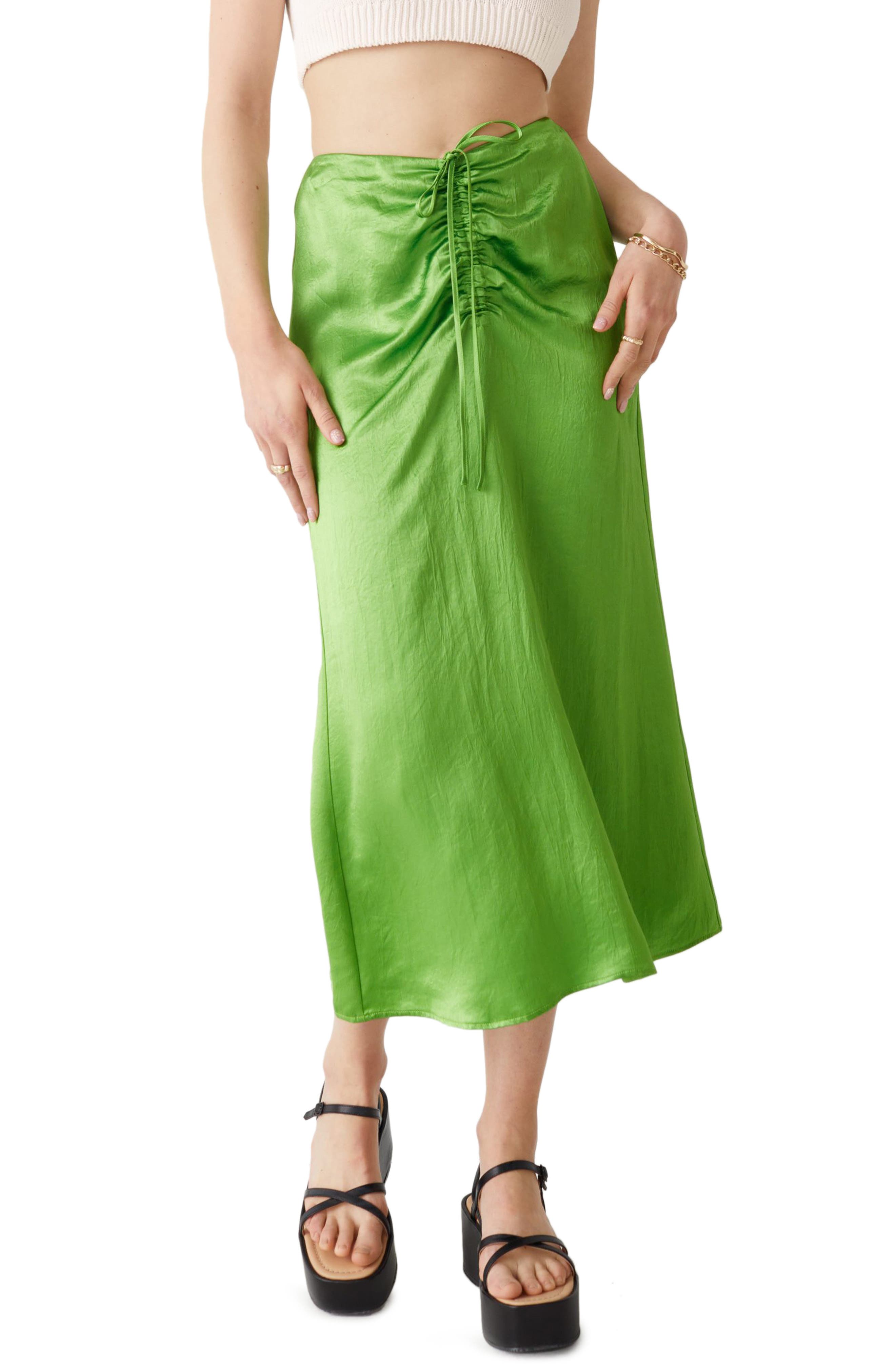 ruched satin midi skirt