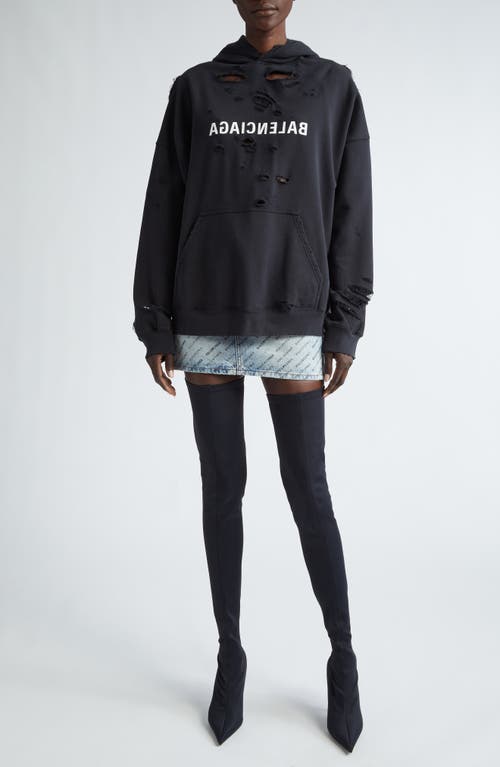 Shop Balenciaga Mirror Logo Oversized Ripped Hoodie In Faded Black/white