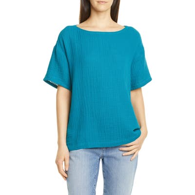 Eileen Fisher Boat Neck Boxy Organic Cotton Top, Green