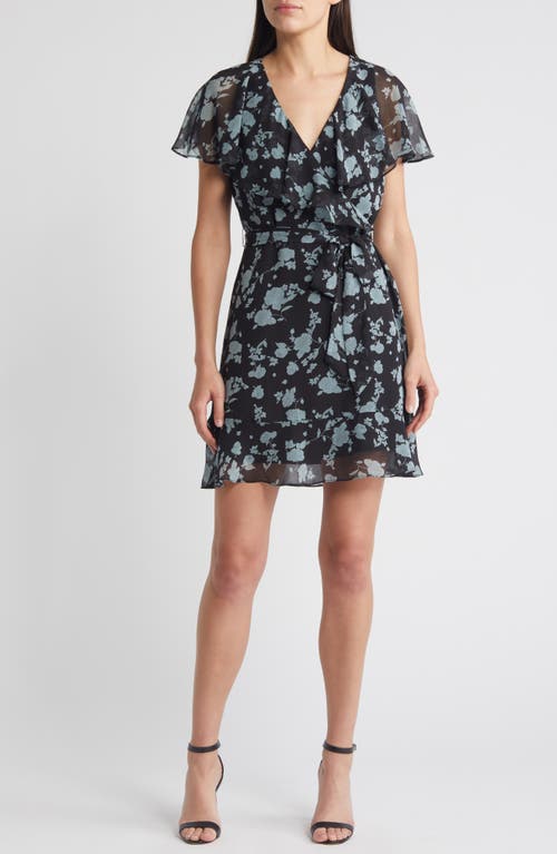 Floral Wrap Minidress in Black- Blue Floral