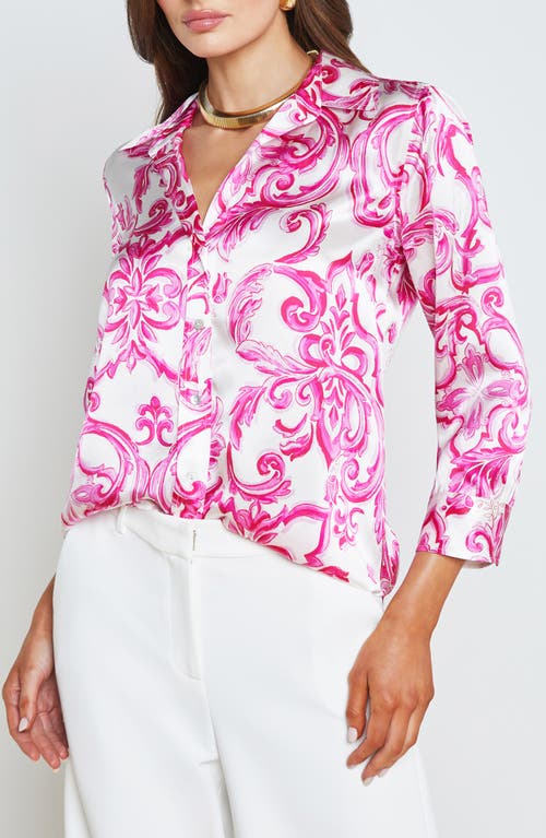 L Agence L'agence Dani Silk Button-up Shirt In White/pink Mediterranean Tile