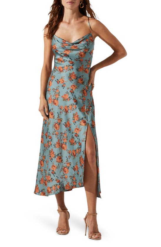 Astr Gaia Strappy Bias Cut Satin Midi Dress In Teal-peach Floral