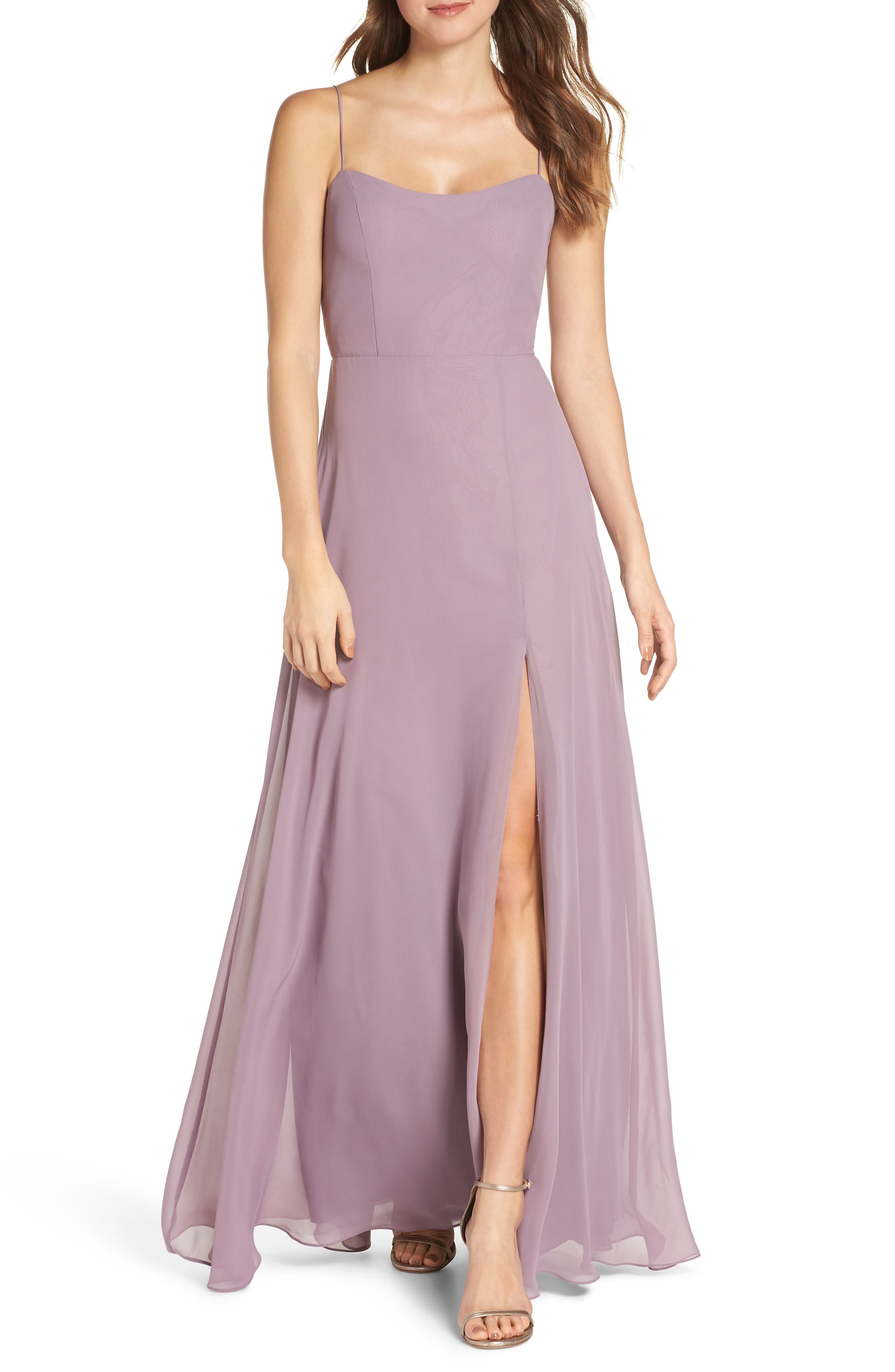 Jenny Yoo Kiara Bow Back Chiffon Evening Dress, Purple