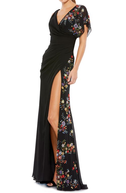 Mac Duggal Angel Beaded Single Sleeve Chiffon Gown Black Multi at Nordstrom,