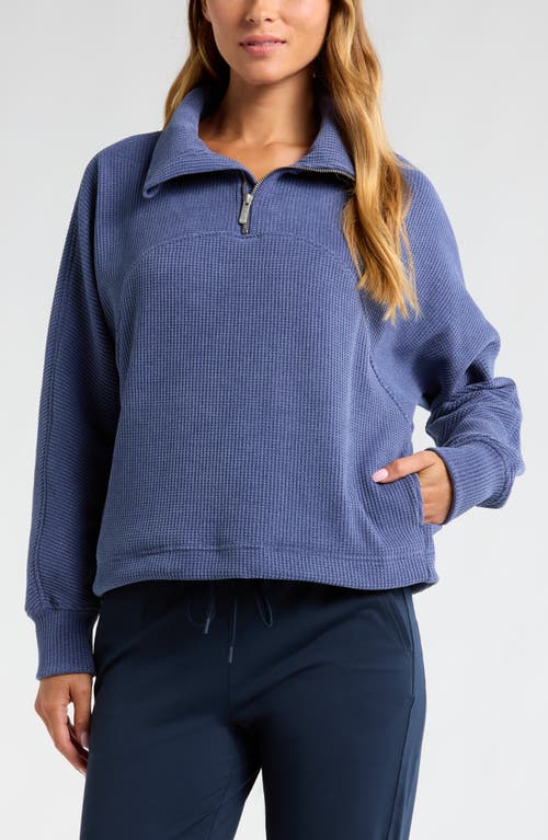 Shop Zella Half Zip Waffle Stitch Sweatshirt In Blue Indigo Marl