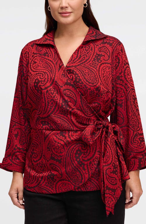 Shop Foxcroft Salina Paisley Print Cotton Blend Wrap Shirt In Black/red