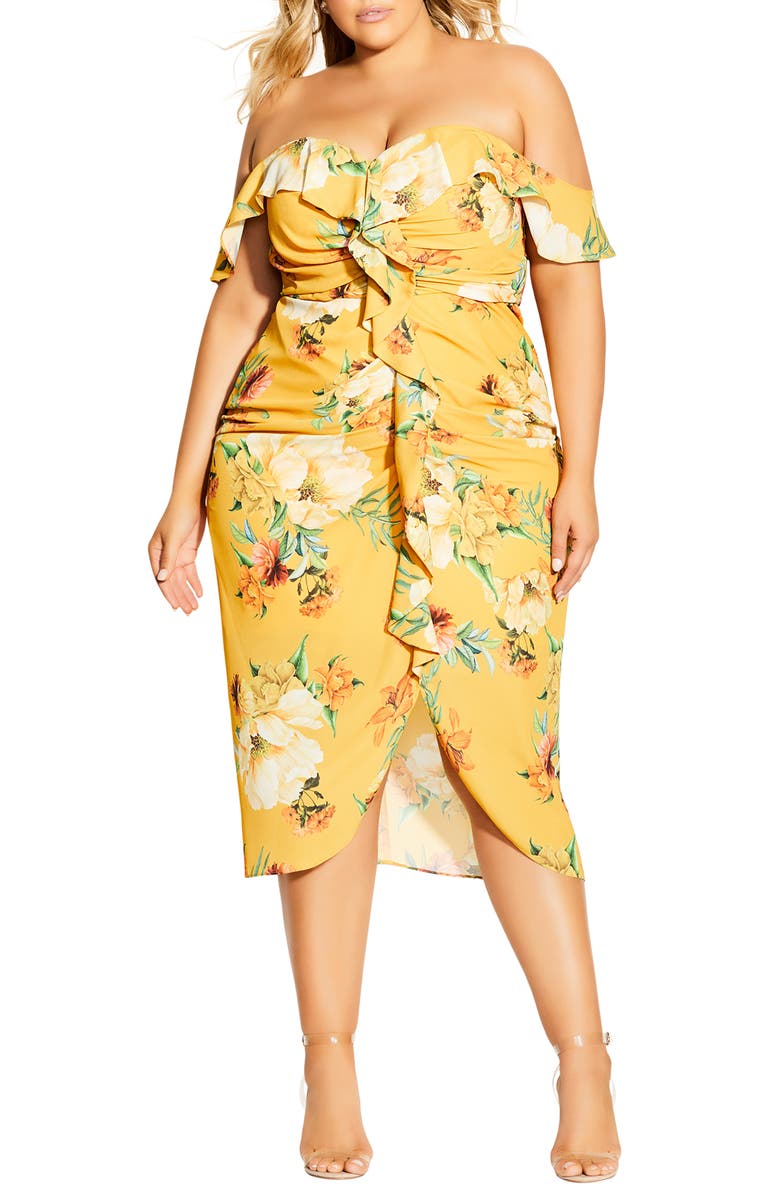 CITY CHIC Golden Flutter Off the Shoulder Midi Dress, Main, color, GOLDEN FLUTTER