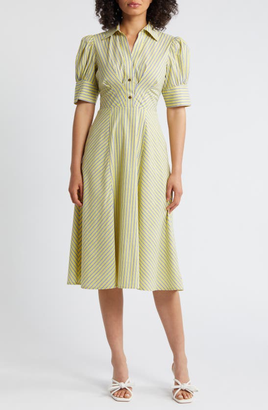 Shop Tahari Asl Directional Stripe Puff Sleeve Shirtdress In Lemonade Blue