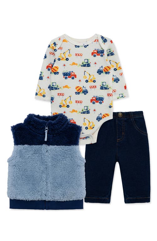 Little Me Babies'  Trucks Long Sleeve Bodysuit, High Pile Fleece Vest & Jeans Set In Blue