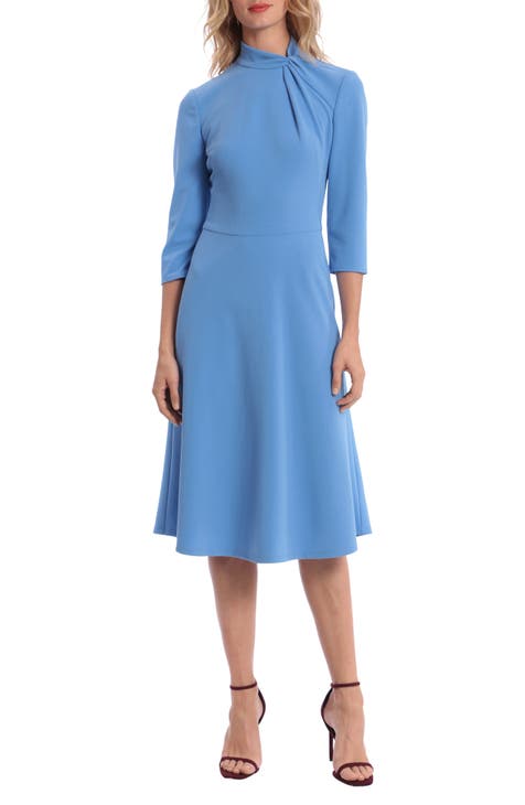 Women's Blue Fit And Flare Dress Long Sleeve Scoop Neck