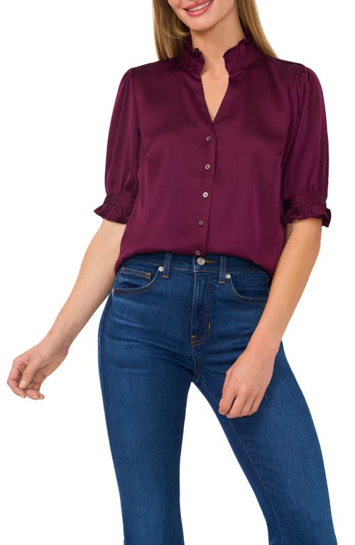 Shop Cece Frill Cuff Satin Button-up Shirt In Pickled Beet Burgundy