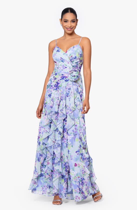 Xscape Floral Ruched Ruffle Gown In Peri/ Green
