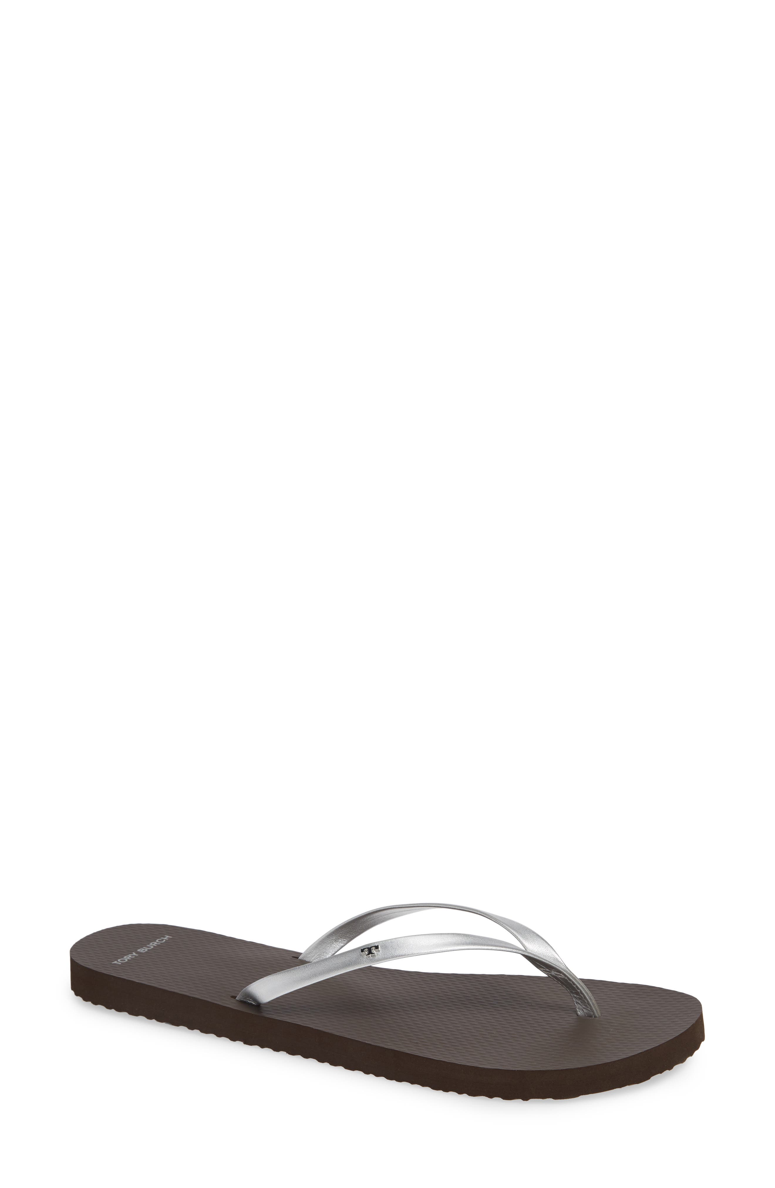 metallic silver flip flops