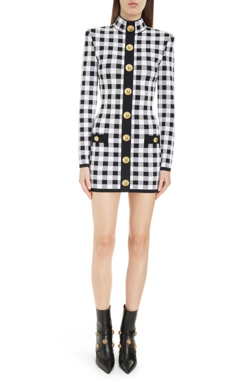 Shop Balmain Gingham Button Front Long Sleeve Knit Minidress In Eab Black/white