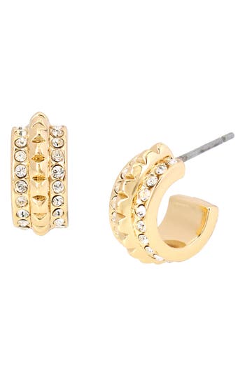 Shop Allsaints Pyramid Crystal Huggie Hoop Earrings In Crystal/gold